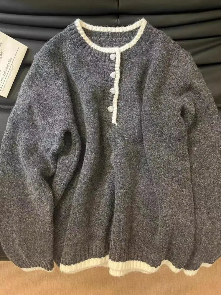 Autumn Winter Grey Patchwork Button Round Neck Knitted Tops Korean Women Casual Long-sleeved Vacation Pullover Short Sweater New