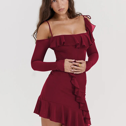 Load image into Gallery viewer, Sexy Strap One Line Neck Double Layer Long Sleeve Dress Women's Slim Fit Ruffles Irregular Mini Dress Sweet Party Club

