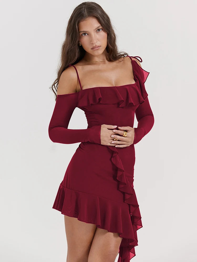 Sexy Strap One Line Neck Double Layer Long Sleeve Dress Women's Slim Fit Ruffles Irregular Mini Dress Sweet Party Club