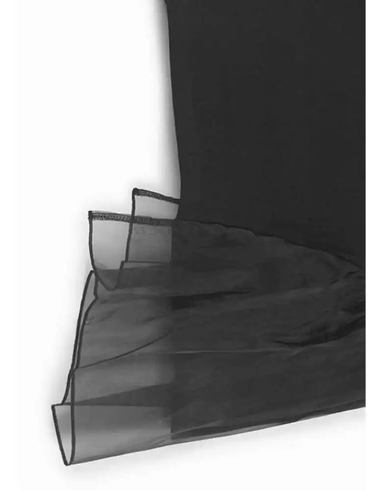 Women Black Mesh Ruffles Color-block Big Size T-shirt New Round Neck Short Sleeve Fashion Tide Spring Summer 2025 1DJ0091