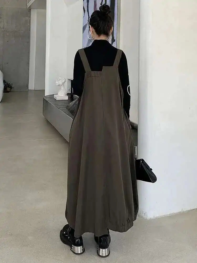 Women Coffee Irregular Spliced Big Size Strap Dress New Square Collar Sleeveless Fashion Tide Spring Autumn 2025 1DJ0050