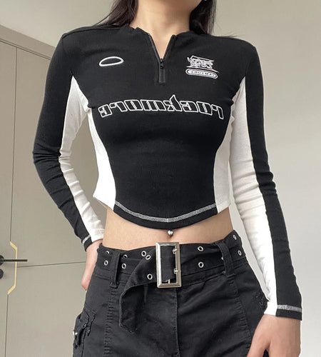 Casual Ribbed Knit Stitched Autumn T-shirts Women Printed Zipper Bodycon Crop Top Moto&Biker Style Tee Shirt Outfits