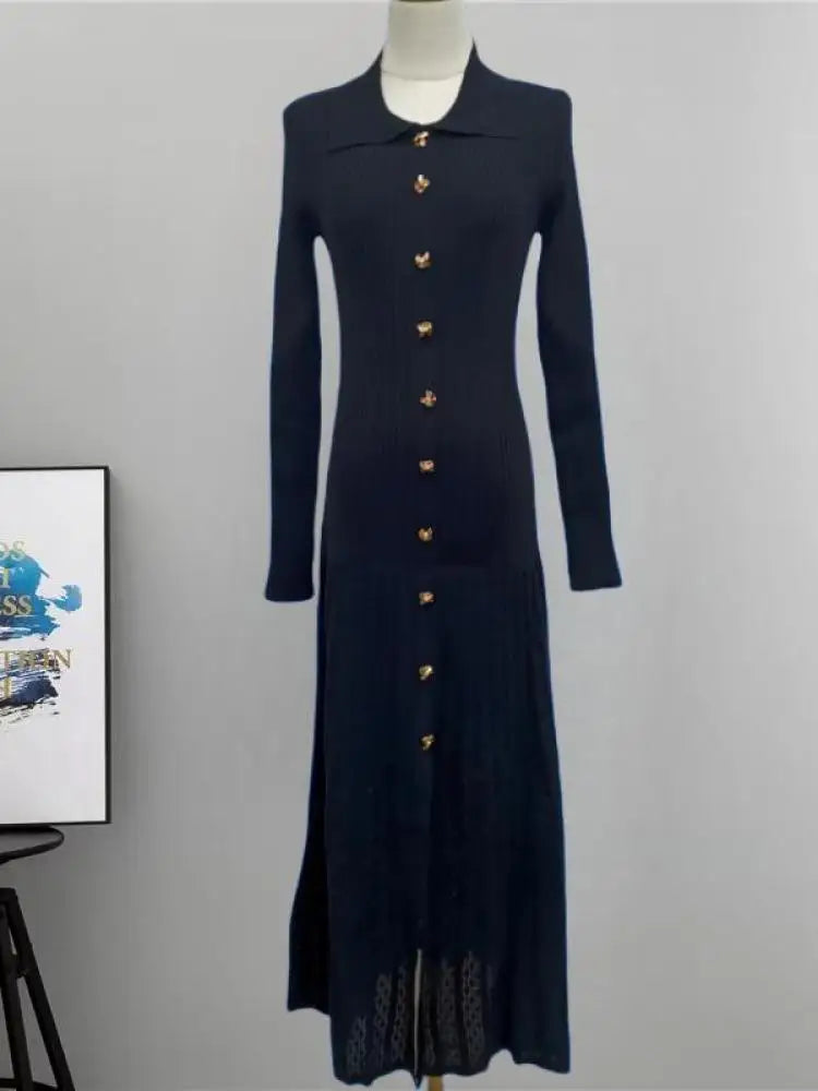 Autumn Winter Solid Elegant Office Lady Knitted Dress Women Slim Long Sleelve Single Breasted Dresses Fashion Simplicity Fashion