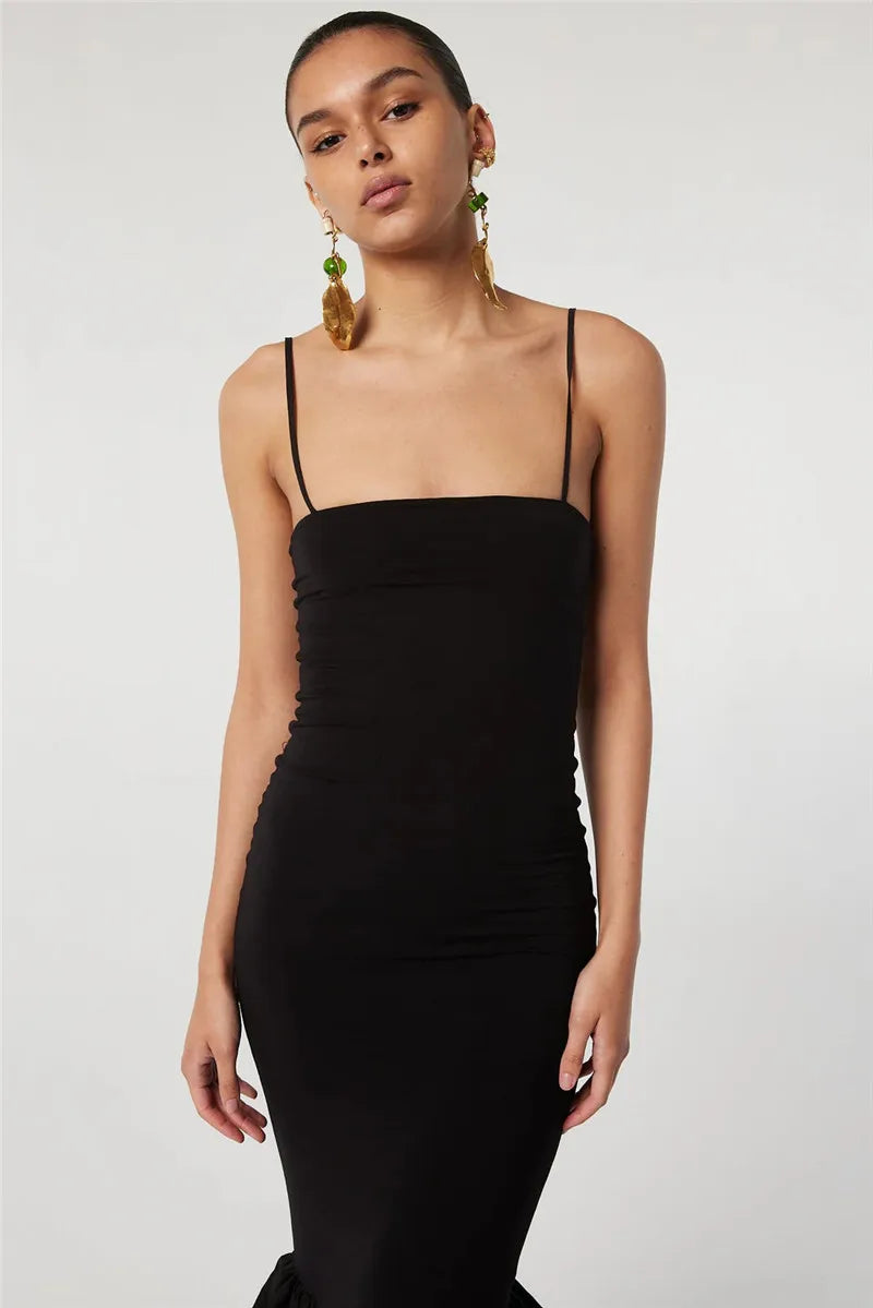 Spaghetti Strap Knit Fishtail Dress For Women Gown Black Sleeveless Backless Bodycon High Waist Sexy Long Dress Elegant