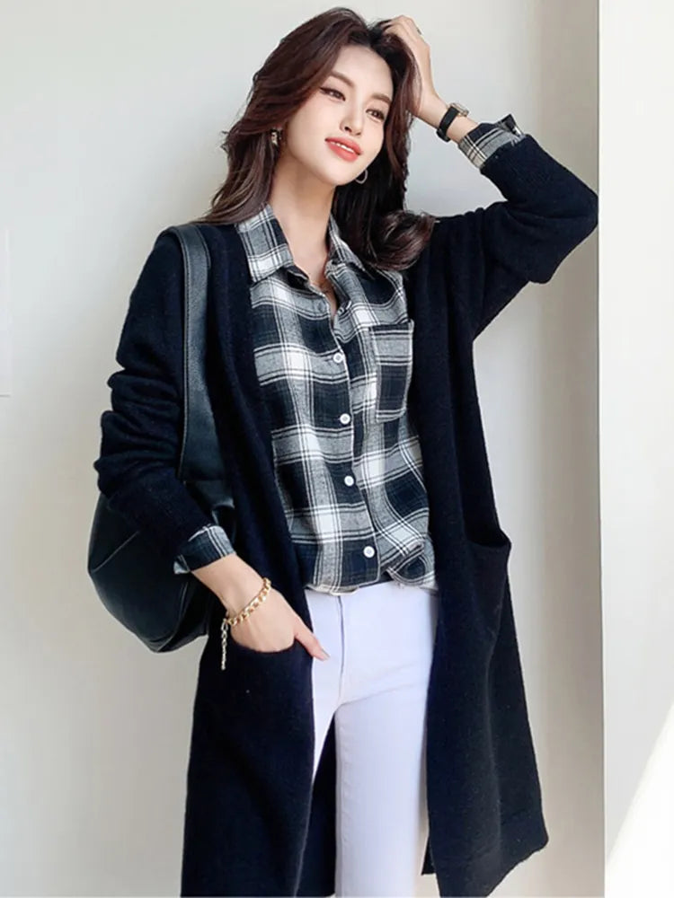 Women Solid Color Loose Thick Warm Sweater Cardigan Pocket Ladies Spring Autumn V Neck Knitted Coat Female Casual Tops C-124