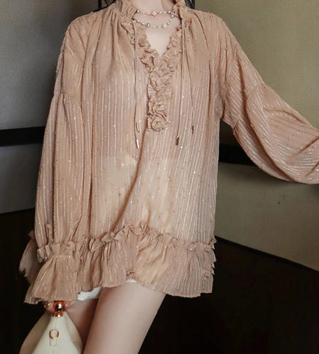 Solid Spliced Bright Silk Casual Blouses for Women V Neck Long Sleeves Patchwork Folds Elegant Blouse Female New