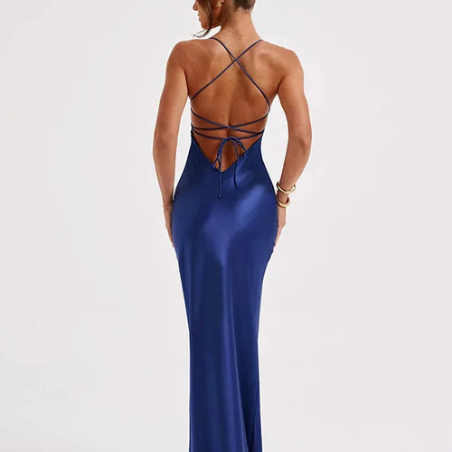 Load image into Gallery viewer, Sexy Spaghetti Strap Bodycon Satin Dress With Open Back Lace Up Female Long Dress Elegant Party Club Evening Dress 2024
