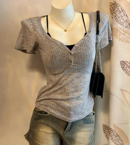 2025 Summer Two Pieces Set Harajuku Solid Button Bodycon Casual T-shirt + Women Y2k Aesthetic Sexy Grunge Cropped Fairy Tank Top