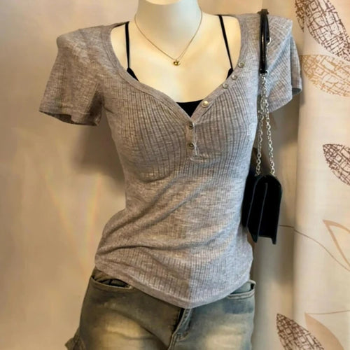 Load image into Gallery viewer, 2025 Summer Two Pieces Set Harajuku Solid Button Bodycon Casual T-shirt + Women Y2k Aesthetic Sexy Grunge Cropped Fairy Tank Top
