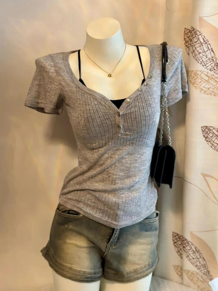 2025 Summer Two Pieces Set Harajuku Solid Button Bodycon Casual T-shirt + Women Y2k Aesthetic Sexy Grunge Cropped Fairy Tank Top