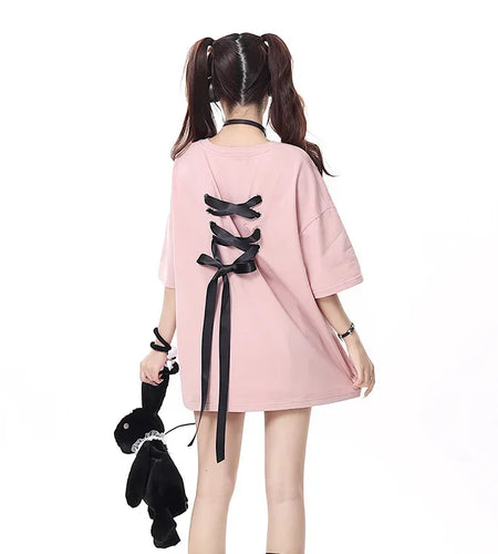 Harajuku Woman Tshirt Japanese Fashion Oversized Tops 2023 Ropa Mujer Bandage Casual Summer Sweet Y2k T Shirts Clothes for Teens