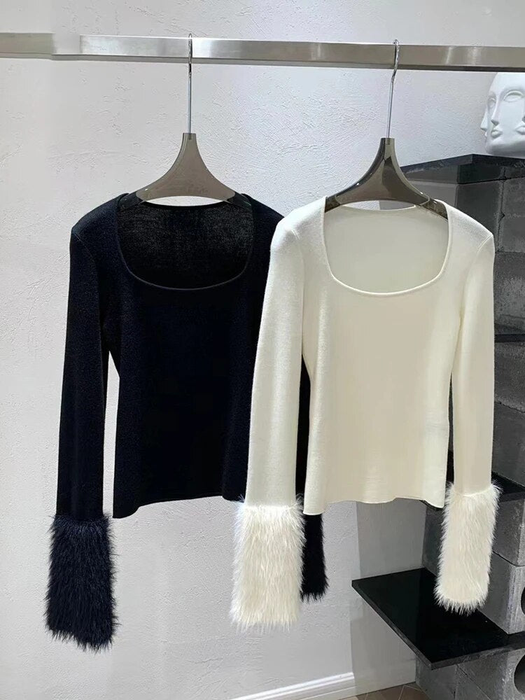 Solid Casual Minimalist Knitting Sweaters For Women Square Collar Long Sleeve Temperament Sweater Female Fashion