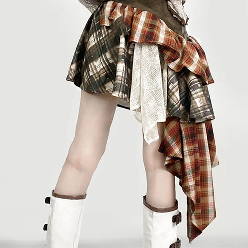 Load image into Gallery viewer, Hit Color Designer Loose Mini Skirts For Women High Waist Temperament Check Spliced Belt Skirt Female Fashion New
