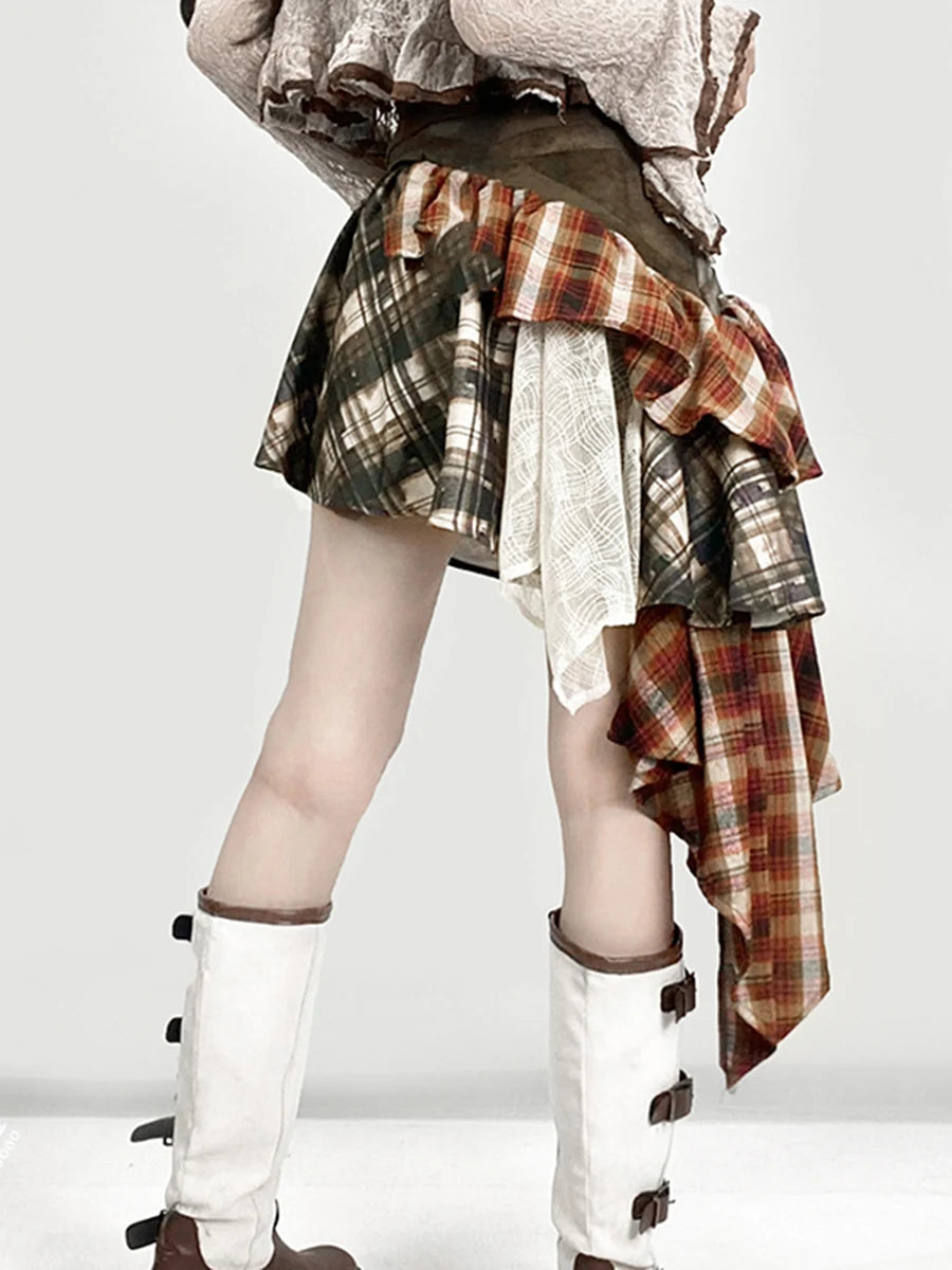 Hit Color Designer Loose Mini Skirts For Women High Waist Temperament Check Spliced Belt Skirt Female Fashion New