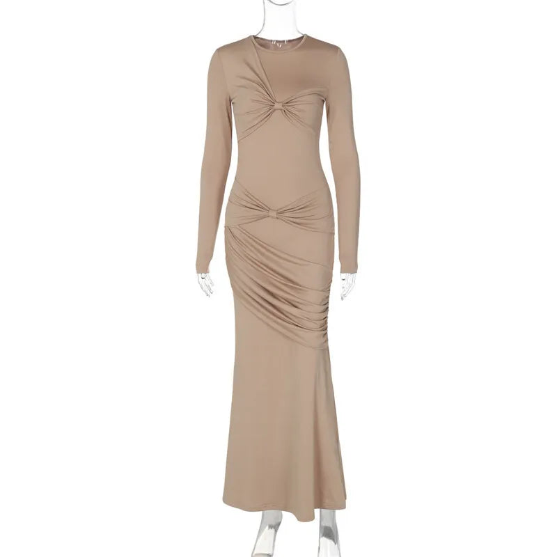 Long Sleeve Ruched Sexy Maxi Dress For Women Autumn New Fashion Solid O Neck Bodycon Long Dress Elegant Clubwear