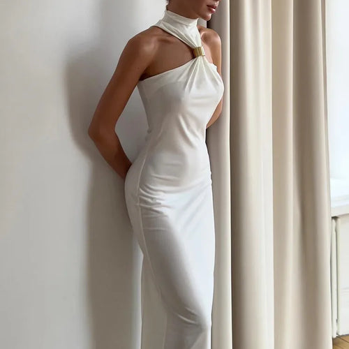Load image into Gallery viewer, Turtleneck Off-shoulder Sexy Knit Maxi Dress For Women Gown Metal Buckle Strapless Sleeveless High Waist Knitted Dress

