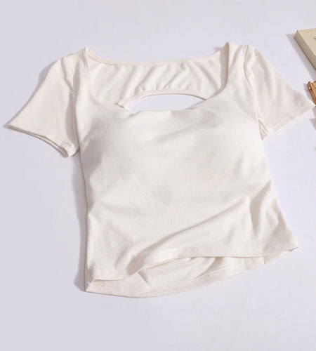 Women Summer Black White Square Collar Sexy Backless Hollow Out T-shirt Gray Slim Short Sleeved Pullovers Tops Causal Streetwear