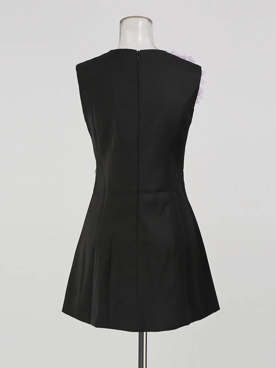 Hit Color Spliced 3D Flower Fashion Mini Dresses for Women Round Neck Sleeveless Elegant Dress Female Clothing New