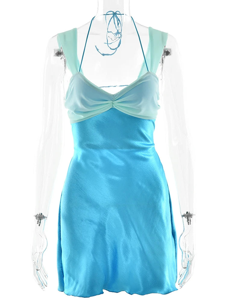 Sexy Spaghetti Strap Patchwork Satin Slimming Short Skirt Women Fashion Bareback Strap Bodycon Party Club Dress 2025 New