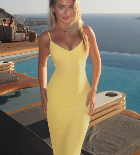Spaghetti Strap Backless Sexy Maxi Dress For Women Gown Summer New Yellow Sleeveless Bodycon Long Dress Vestido