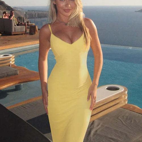 Load image into Gallery viewer, Spaghetti Strap Backless Sexy Maxi Dress For Women Gown Summer New Yellow Sleeveless Bodycon Long Dress Vestido
