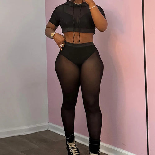 Load image into Gallery viewer, Mesh Casual Women 2 Piece Set Tracksuit Hooded Drawstring Crop Tops+Leggings Fitness Skinny Matching Streetwear Outfits
