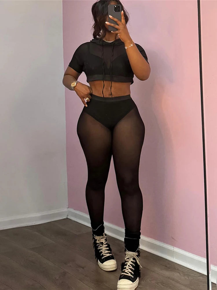 Mesh Casual Women 2 Piece Set Tracksuit Hooded Drawstring Crop Tops+Leggings Fitness Skinny Matching Streetwear Outfits