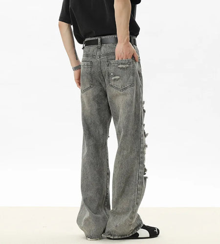Men's Jeans New Summer Solid Color Denim Pants Multi Hole Stylish American High Street Handsome Straight Menwear 9W1533