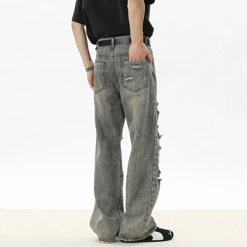 Men's Jeans New Summer Solid Color Denim Pants Multi Hole Stylish American High Street Handsome Straight Menwear 9W1533