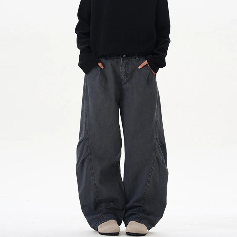 Men's Causal Pants New American Style Washed Design Pleated Curved Knife Trendy Male Loose Wide Leg Trousers Summer 9W1901