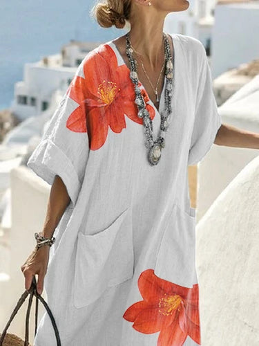 Load image into Gallery viewer, Women Summer Flower Print Pocket Cotton Linen Vacation Long Dress 2025 Elegant V-neck Half Sleeves Long Dresses Woman
