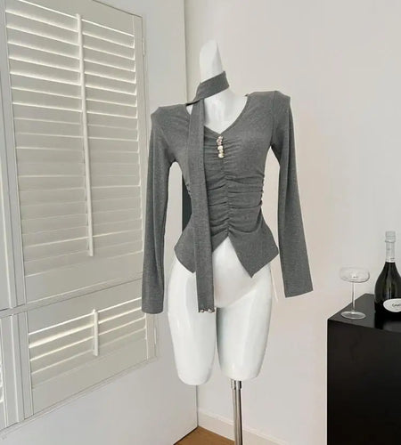 Women Black Beige Festival Pleated T-shirt Casual Grey V Neck Long Sleeve Top Ladies Versatile Clothing Spring Autumn 2025 Trend