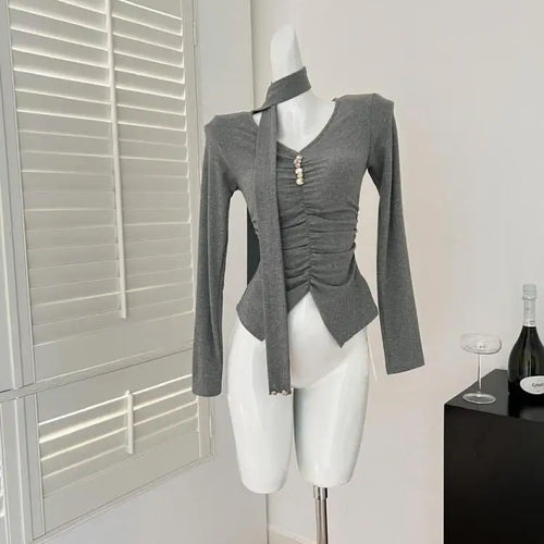 Load image into Gallery viewer, Women Black Beige Festival Pleated T-shirt Casual Grey V Neck Long Sleeve Top Ladies Versatile Clothing Spring Autumn 2025 Trend
