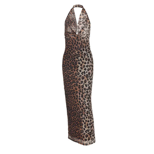 Load image into Gallery viewer, Leopard Print Backless Sexy Maxi Dress For Women Gown Fashion Halter Strapless Sleeveless Bodycon Printed Long Dress
