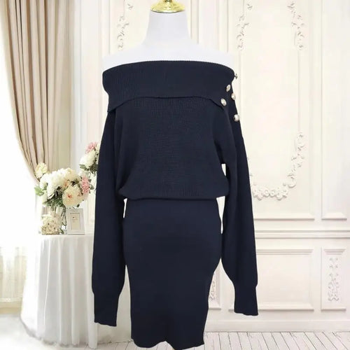 Load image into Gallery viewer, Autumn Winter Vintage Solid Elegant Off Shoulder Long Sleeve Mini Dress Women French High Waist Button Knitted Mini Dress Simple
