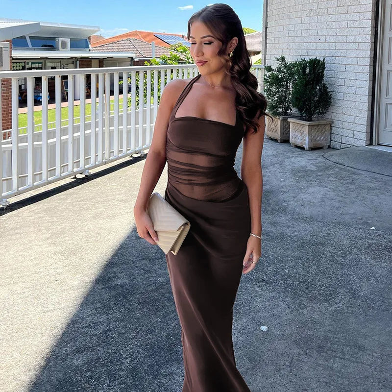 Mesh Patchwork Backless Sexy Maxi Dress For Women Gown Fashion Halter Sleeveless Strapless Bodycon Club Long Dress