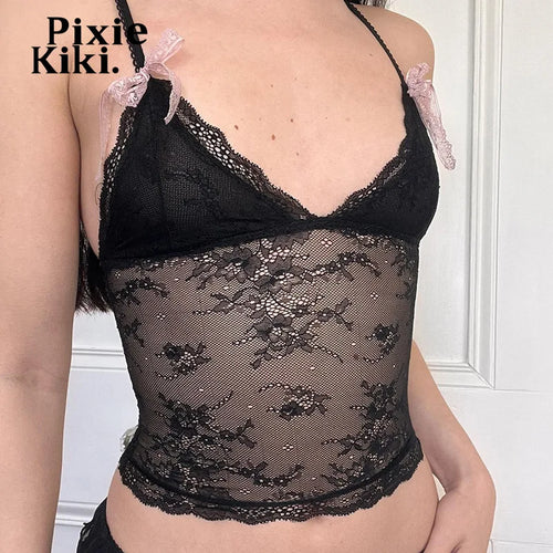 Load image into Gallery viewer, Transparent Lace Mesh Black Tanks &amp; Camis Harajuku Y2k Sexy Deep V Backless Crop Top Summer Clothes Women 2024 P84BC10
