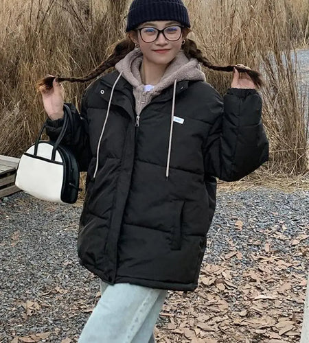 Women Autumn Winter New Beige Patchwork Long Sleeve Short Down Cotton Jacket Black Hooded Warm Elegant Coat Casual Thick Clothes