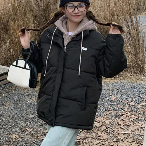 Load image into Gallery viewer, Women Autumn Winter New Beige Patchwork Long Sleeve Short Down Cotton Jacket Black Hooded Warm Elegant Coat Casual Thick Clothes
