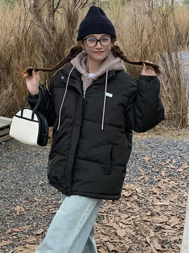 Women Autumn Winter New Beige Patchwork Long Sleeve Short Down Cotton Jacket Black Hooded Warm Elegant Coat Casual Thick Clothes