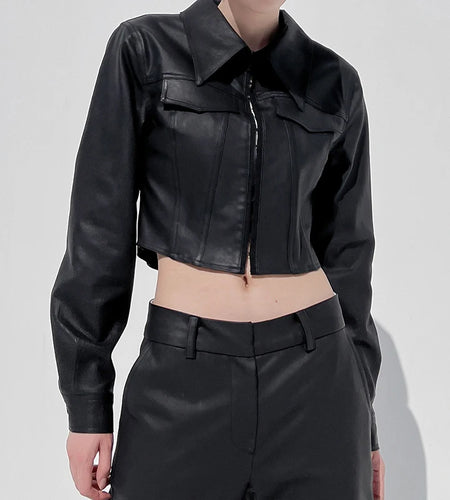 Fashion Chic Black PU Leather Jacket Women Cropped Pins-Up Streetwear Basic Autumn Coat Outwear Slim Jackets Clothing