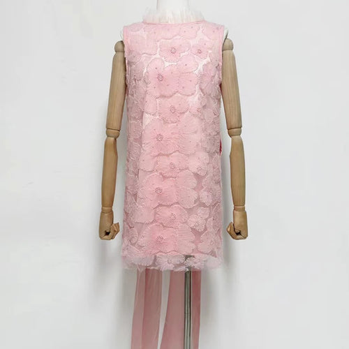 Load image into Gallery viewer, Solid Loose Spliced Embroidery Dresses for Women Round Neck Sleeveless Patchwork Bowknot Mini Dress Female Clothing
