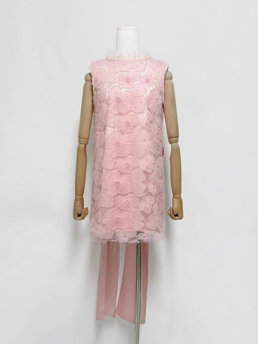 Solid Loose Spliced Embroidery Dresses for Women Round Neck Sleeveless Patchwork Bowknot Mini Dress Female Clothing