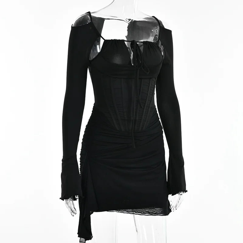 Hollow Out Spaghetti Strap Dresses Women Sexy High Waist Long Sleeve Party Outfits Solid Backless Black Fishbone Dress