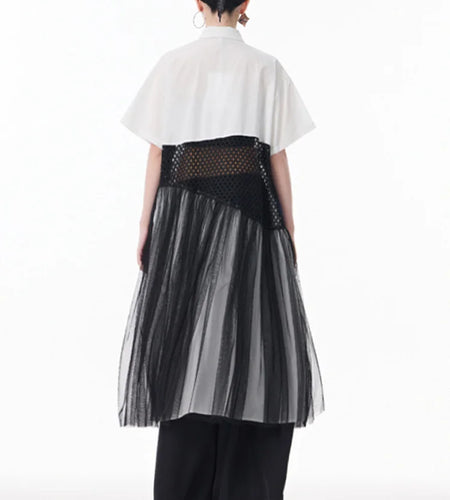 Women White Mesh Color-block Big Size Midi Shirt Dress New Lapel Short Sleeve Fashion Tide Spring Summer 2025 1DJ0045