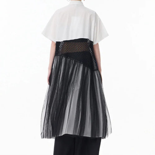 Load image into Gallery viewer, Women White Mesh Color-block Big Size Midi Shirt Dress New Lapel Short Sleeve Fashion Tide Spring Summer 2025 1DJ0045
