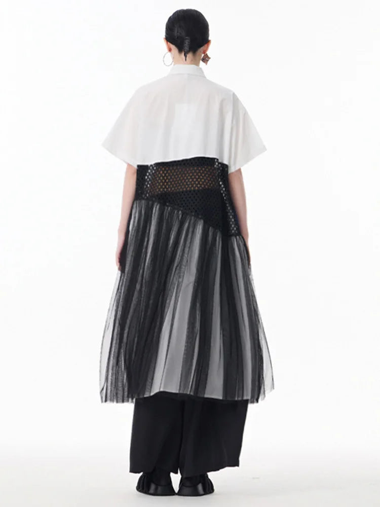 Women White Mesh Color-block Big Size Midi Shirt Dress New Lapel Short Sleeve Fashion Tide Spring Summer 2025 1DJ0045