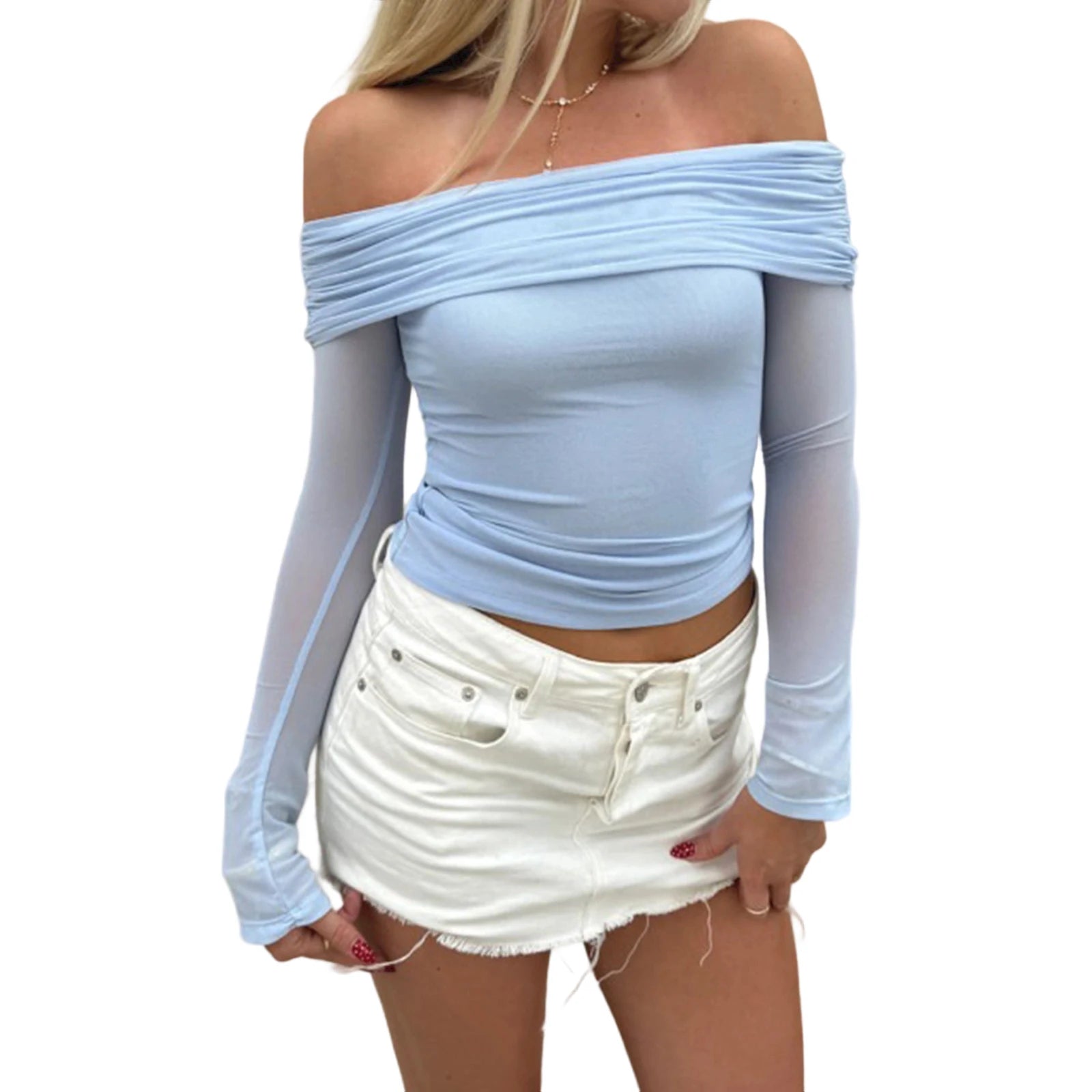 Elegant Ruched Crop Tops Women Sheer See Through Off Shoulder Long Sleeve T Shirts 2000s Aesthetic Clothing Streetwear