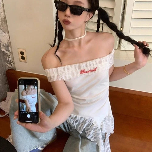 Load image into Gallery viewer, Slash Neck Fairy Grunge Tops Vintage Harajuku Irregular Patchwork Lace T-shirt Women Y2k Aesthetics Sexy Letter Embroidery Tees
