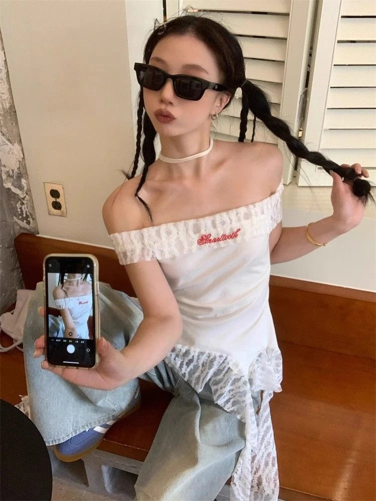 Slash Neck Fairy Grunge Tops Vintage Harajuku Irregular Patchwork Lace T-shirt Women Y2k Aesthetics Sexy Letter Embroidery Tees